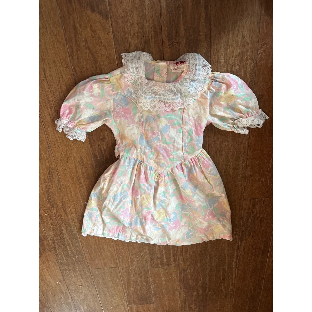 Vintage Cuddle Teen Pastel Floral Lace Collar Dress Made in USA Easter Size 7